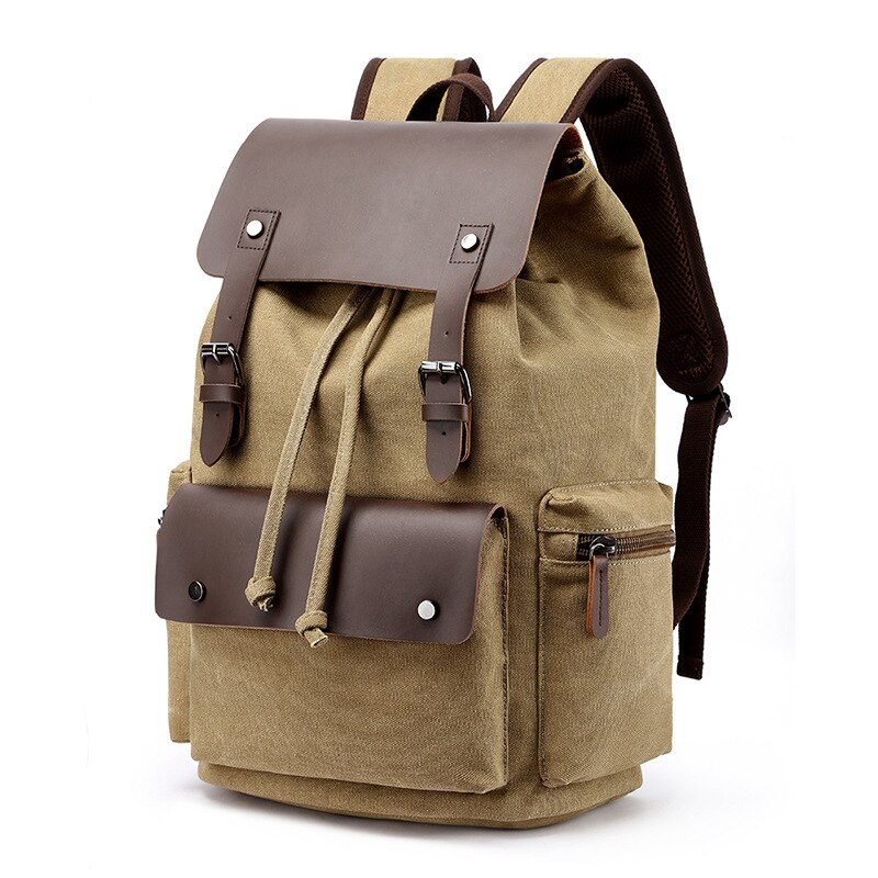 Canvas-rucksack für herren, großes fassungsvermögen, geeignet für laptops bis 17 zoll, kordelzug, lederhülle, reiserucksack, schulrucksack: Khaki
