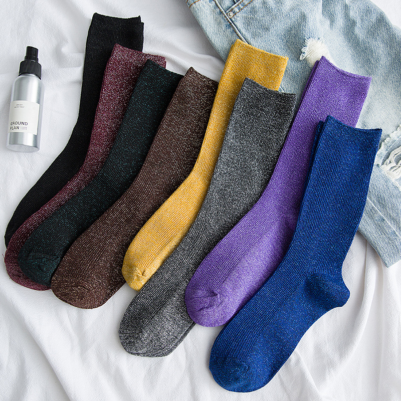 Helle funkelnde Damensocken, modische glitzernde glänzende Socken, süße süße goldene silberne Socken, Frühling und Herbst, atmungsaktive Socken