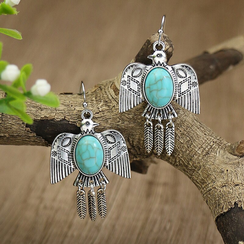 Vintage Bohemian Türkisen Verkrustete Ohrring für Frauen Kreative Silber Farbe Baum Blatt Vogel Glocken Geometrische Ohrringe Weiblichen Schmuck