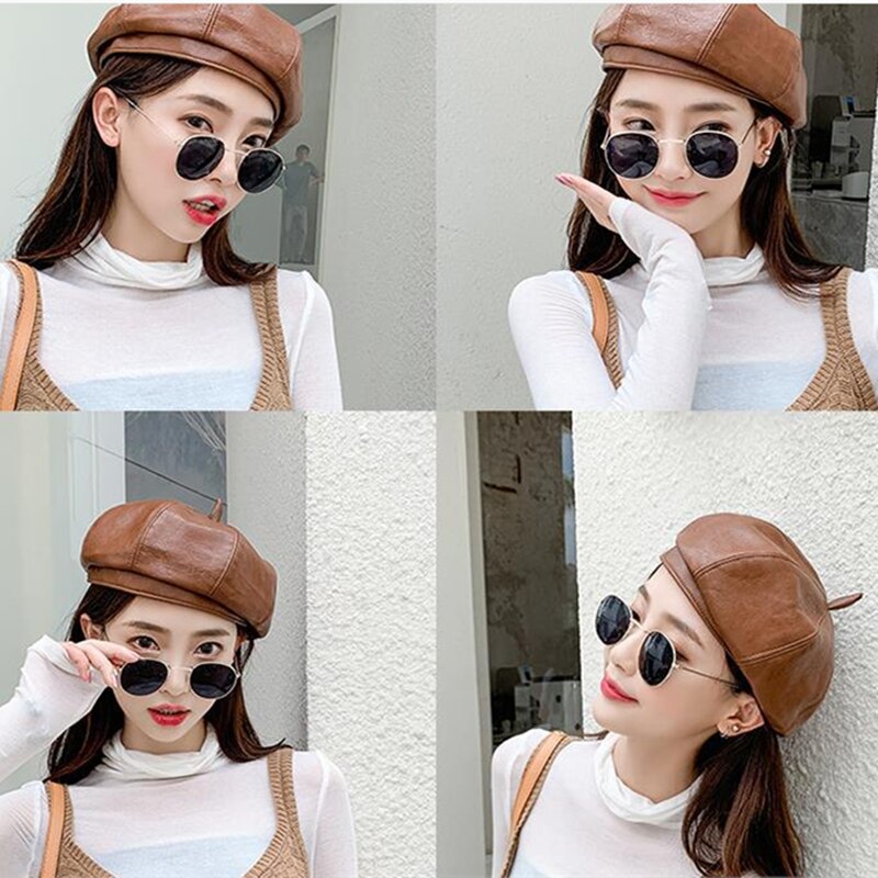Boina de cuero PU para mujeres, de señoras, gorras negras, azafata, boina roja amarilla, Otoño Invierno, sombreros de artista