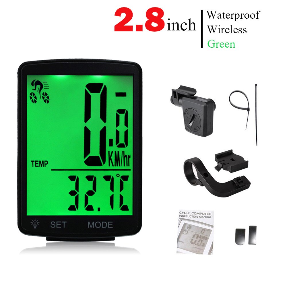 Multifunctional LCD Screen Bicycle Computer Wireless Bike Rainproof Speedometer Odometer Cycling 2.8inch Waterproof: Light Green