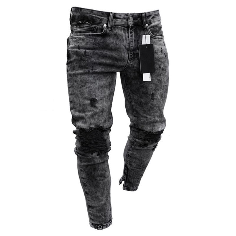 Pantalones vaqueros rasgados hasta la rodilla para hombre, con cremallera para los pies, ajustados, informales, para trotar, largos, color negro, talla S-3L: L