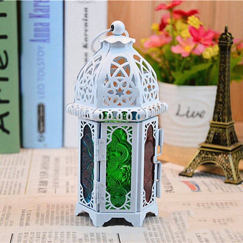 Negro/Blanco farol marroquí té luz vela titular caja colgante decoración: White