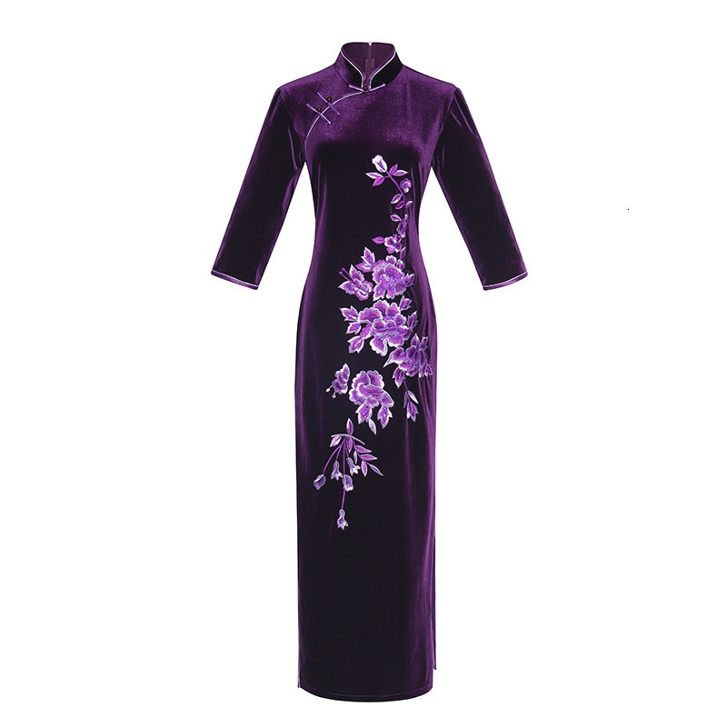 Sheng Coco Purple Velvet Long Cheongsam Long Sleeve Chinese Dress Evening Qipao Winter 4XL Plus Size Women Clothing