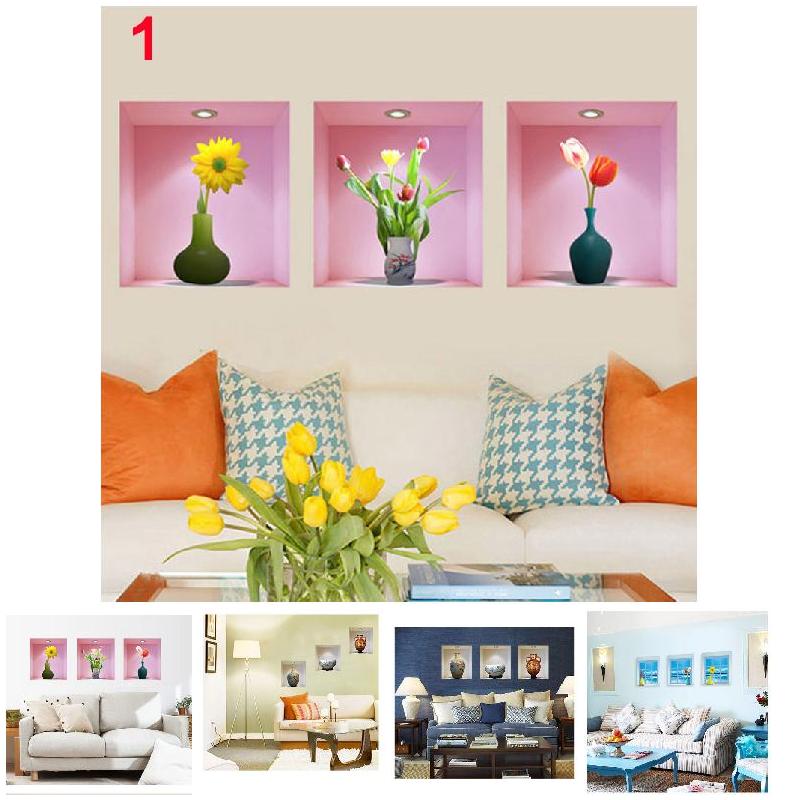 3 Pcs/Set 3D Wall Sticker Home Decoration Removable Flowers Vase Mural Art Decals Stickers For Living Room Bedroom Hogar XH8Z
