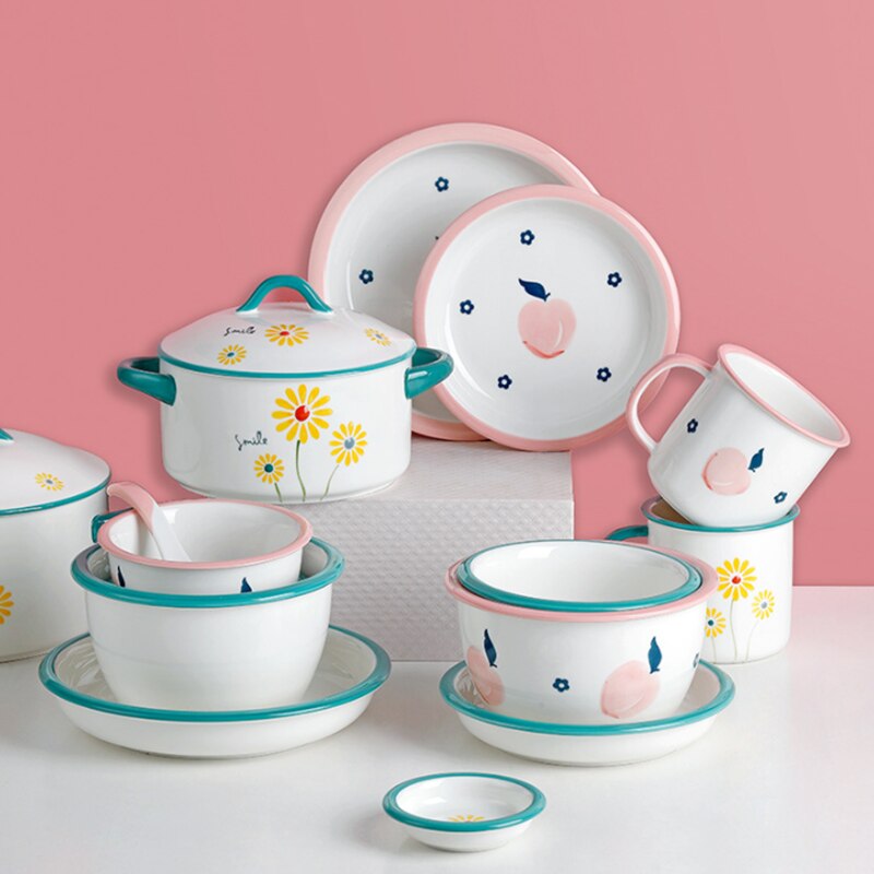 Keramische Diner Borden Kommen Set Leuke Bloem En Perzik Patroon Huishouden Enkele Grote Servies Vajilla Тарелки Для Еды