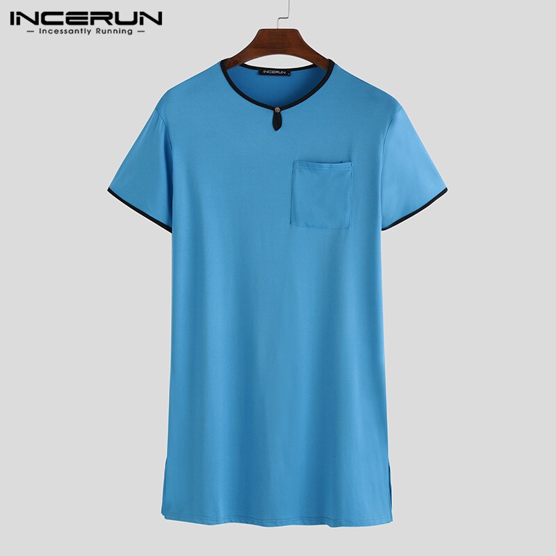 Men Sleep Tops Short Sleeve Summer Homewear Loose Breathable Long Casual V Neck Men Sleepwear INCERUN Plus Size Long Blusas: Blue / L