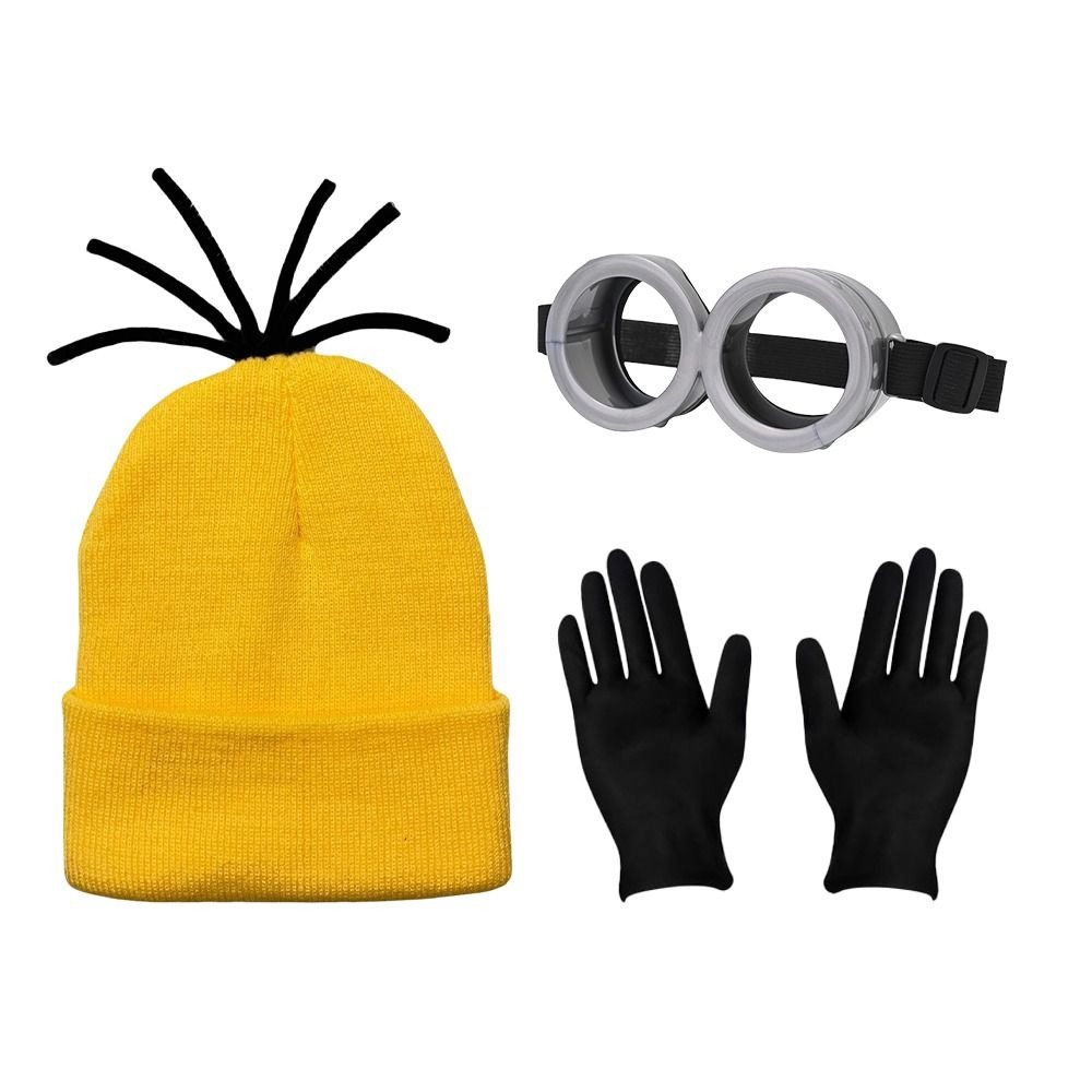 Accesorios de disfraz de Halloween para hombres y mujeres, conjunto de Minions para de Cosplay, gorros amarillos, vestido azul, guantes negros para adultos, 3 piezas/5 piezas: Beige