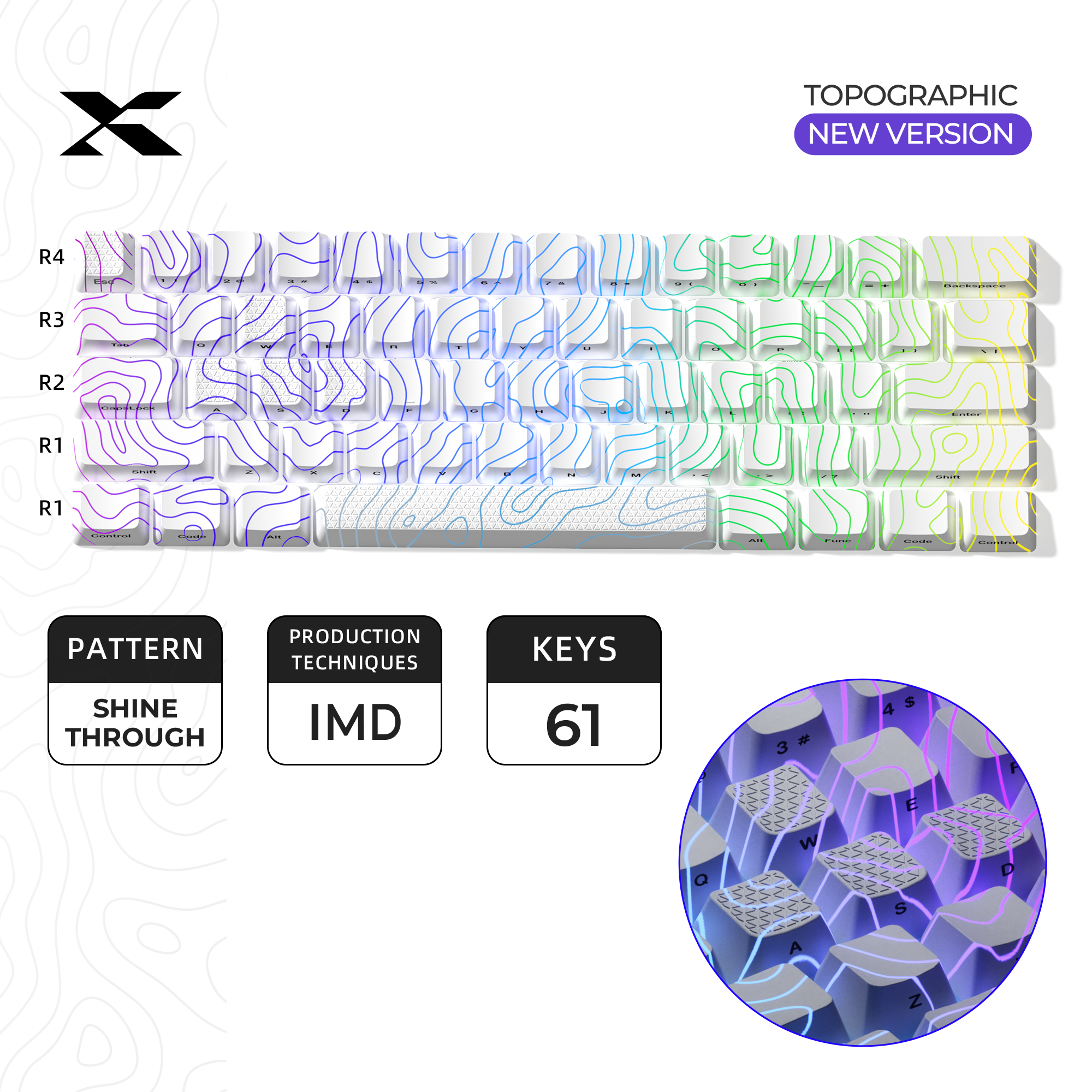 XVX Topographic Version Pattern Shine-Through OEM Profile IMD-Tech Keycap Set 118 keys: Silver