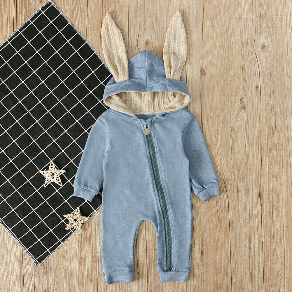 Söt nyfödd bebis pojke flicka kanin strumpor lång öra huva jumpsuit kanin lekdräkt höst vinter bebis pojke flicka påsk kostymer: Blå / 18m