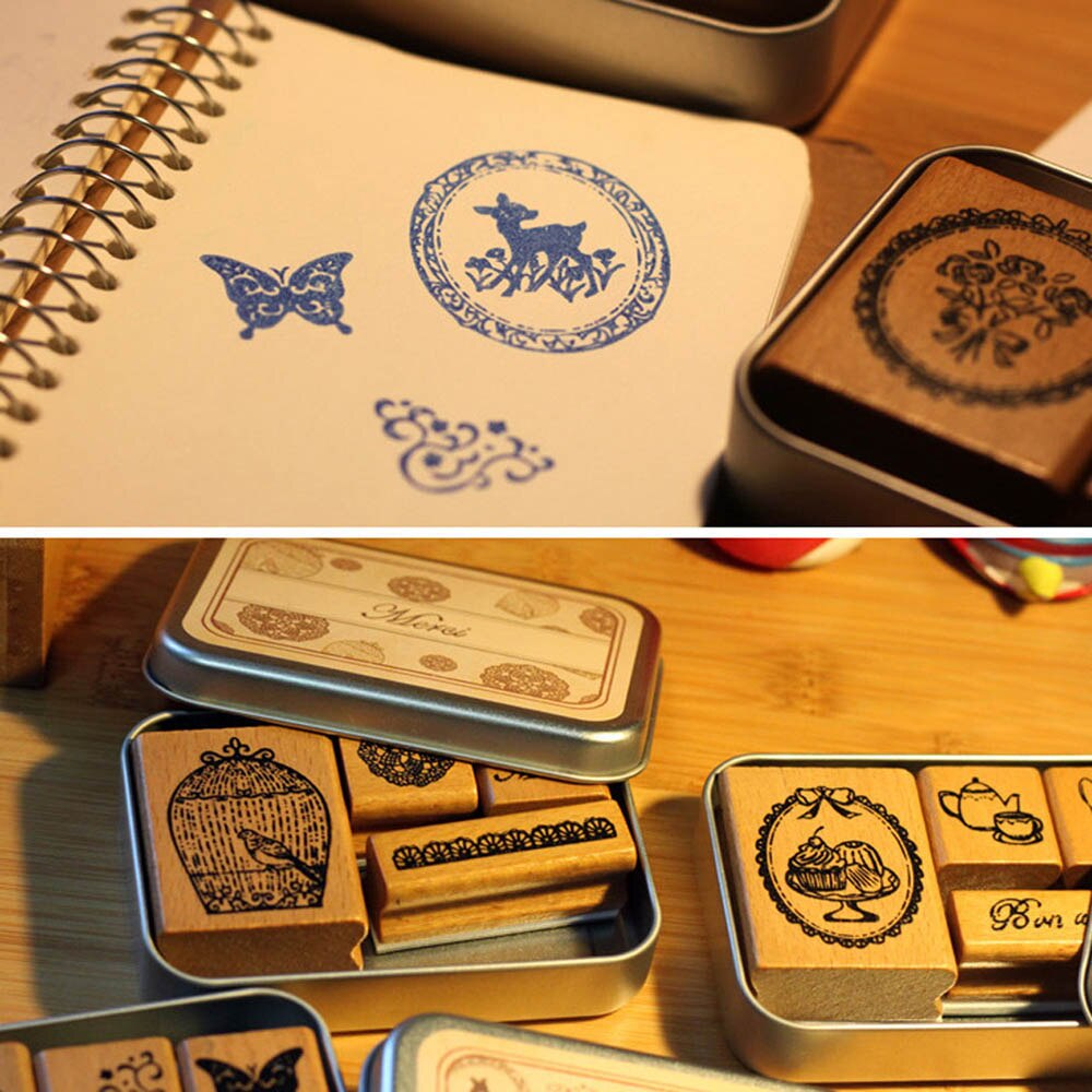 Trästämplar happy time style gummistämpel set dagbok järn box & diy 1 st