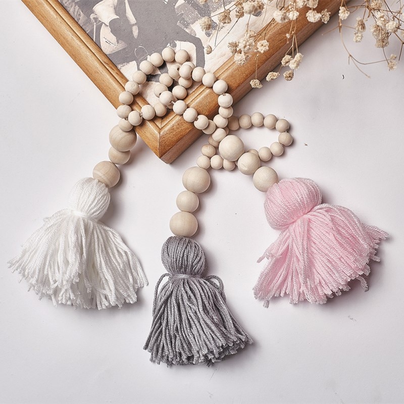 Träpärlor tofs boll krans vägghängande ornament ins nordisk stil barnrum dekorationer barnkammare baby tält fotografi rekvisita