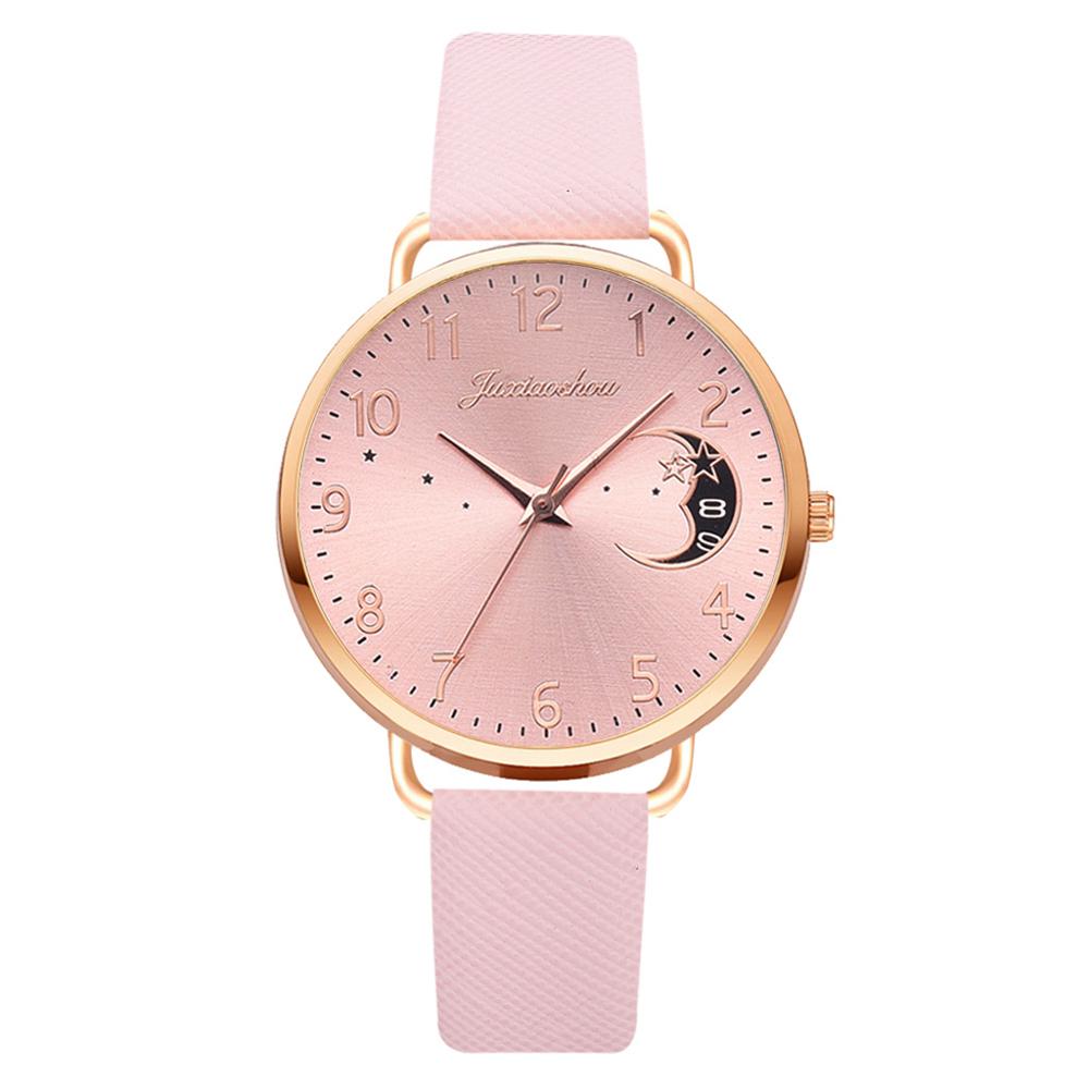 Månkalendermönster urtavla band damklocka lyxiga kvinnor klockor armbandsset casual läderkvartsklocka armbandsur klocka: Rosa