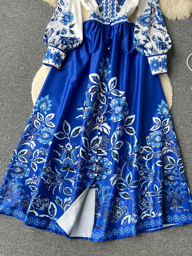 Hikigawa chic kvinder forårskjole med v-hals og pufærmer, vintageprint, feriekjoler til strand, midi-kjoler til kvinder