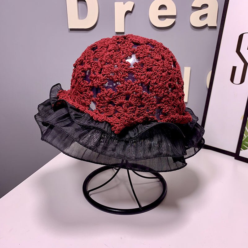 Women Lace Knitted Fisherman Hat Hollow Bucket Hat Crochet Hat Lace Flower Cute Sweet Romantic Sun Hat: wine-red