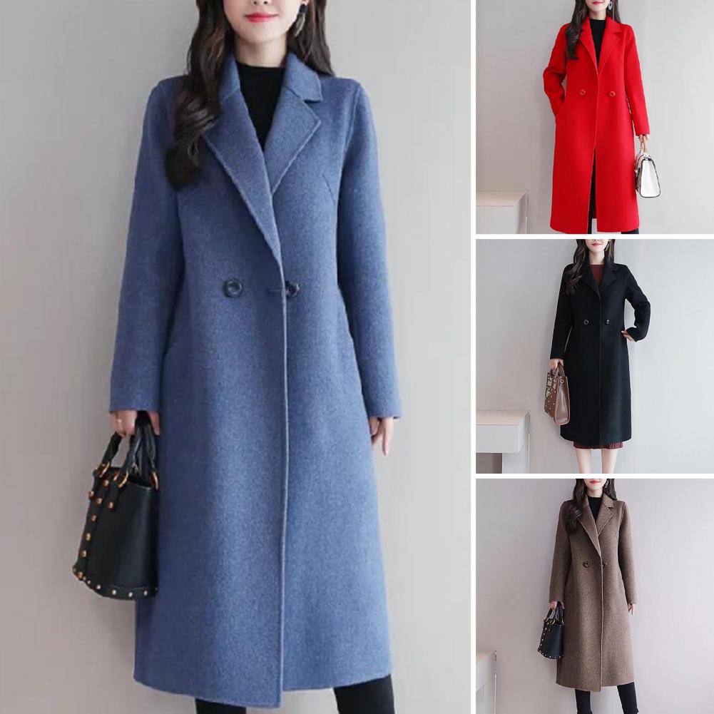 Casaco de lã monocromático feminino, Manga comprida, Dois botões, Bolsos, Lapela, Elegante, Casacos, Moda, Outono, Inverno