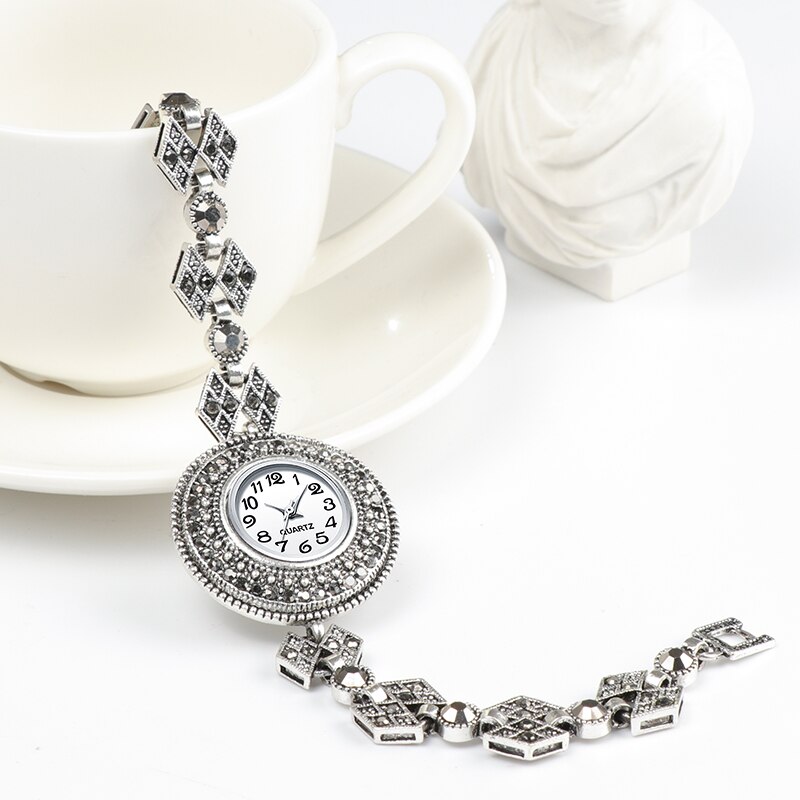 REVELRY-relojes de plata antigua para mujer, pulsera de cristal negro brillante de lujo, reloj de cuarzo Vintage, novedad de