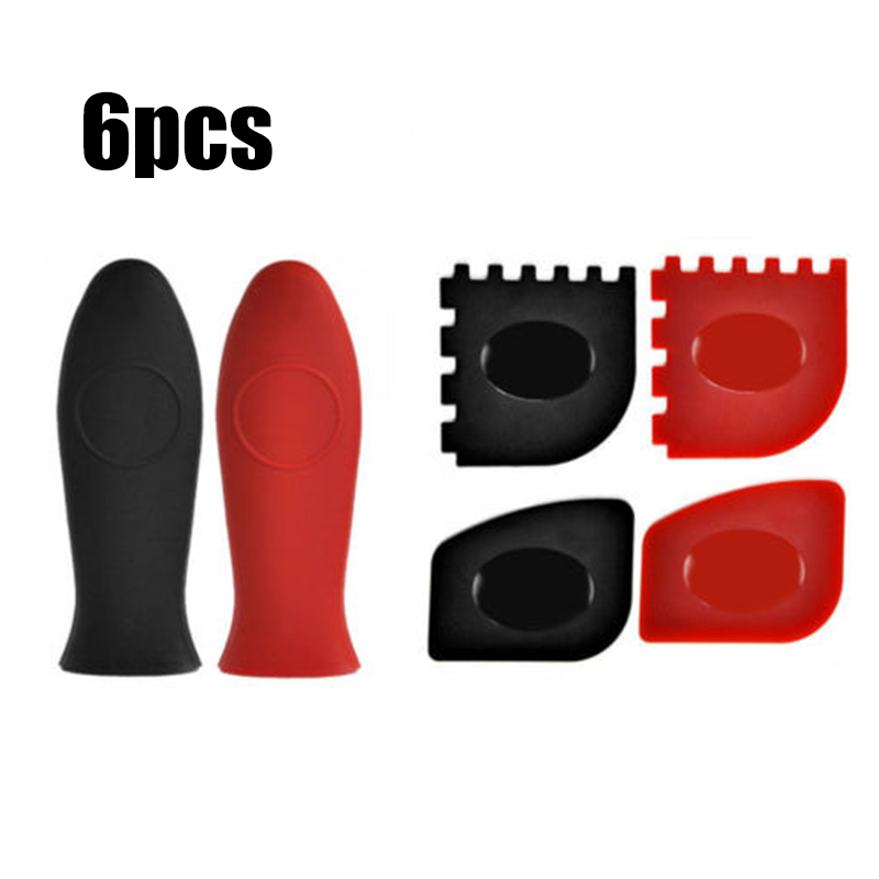 6pcs Grill Pan Scrapers Silicone Handle Holder Lodge Cast Iron Kit Practical