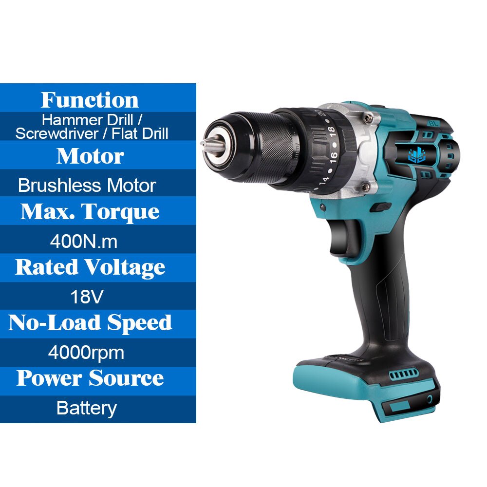 18V 13mm Brushless Electric Impact Drill Cordless Electric Screwdriver for Makita Battery 1830 1840 1850 1860 Power Tool