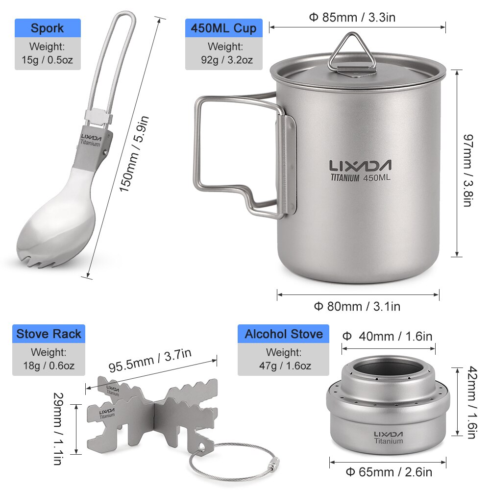 Lixada 5 Stuks Outdoor Camping Kookgerei Set Voor Picknick 450Ml/750Ml Pot Alcohol Fornuis Cross Stand Rack opvouwbare Spork En Voorruit