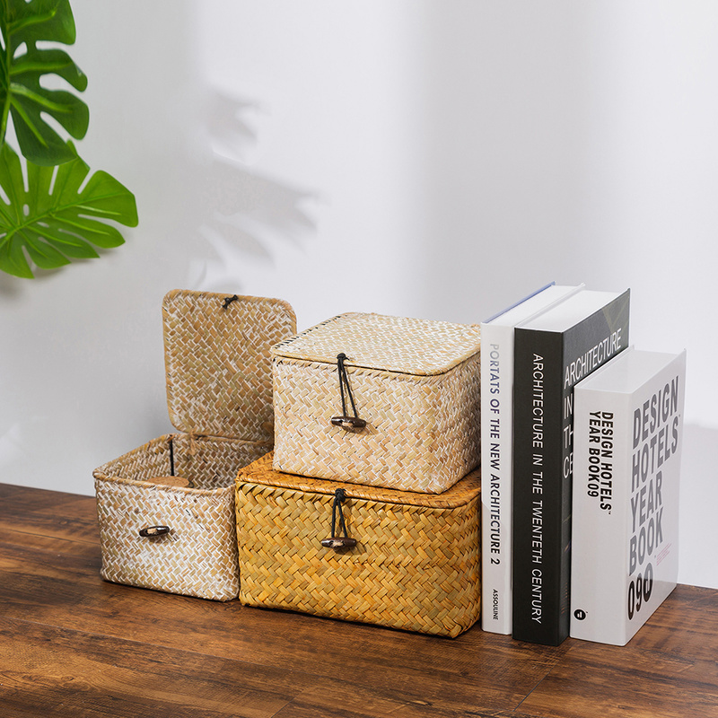 Wicker Storage Box with Lid Seagrass Woven Storage Baskets Handmade Cosmetic Jewelry Container for Home Bathroom Hotel Supplies