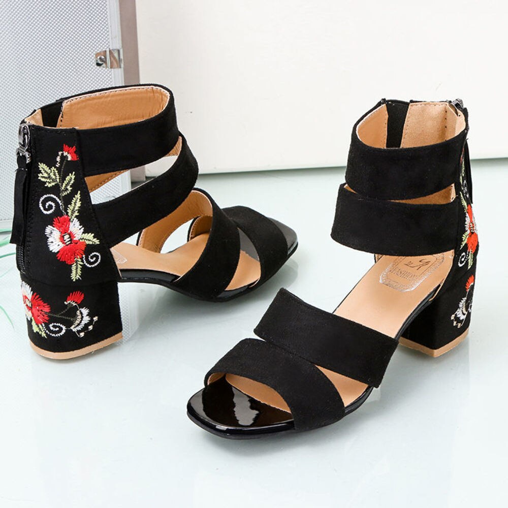 Sandales brodées à mi-talon pour femmes, Style ethnique, talon épais, , rétro, bout ouvert, été,