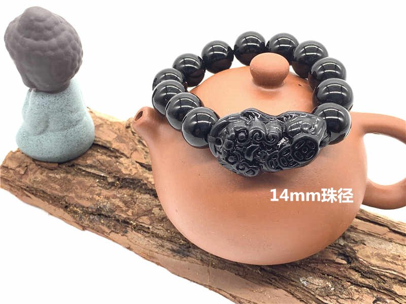 Bracelet de perles unisexe pour hommes et femmes, accessoire de poignet en obsidienne, Feng Shui chinois Pi Xiu, or, richesse et bonne fortune Pixiu,: 14mm