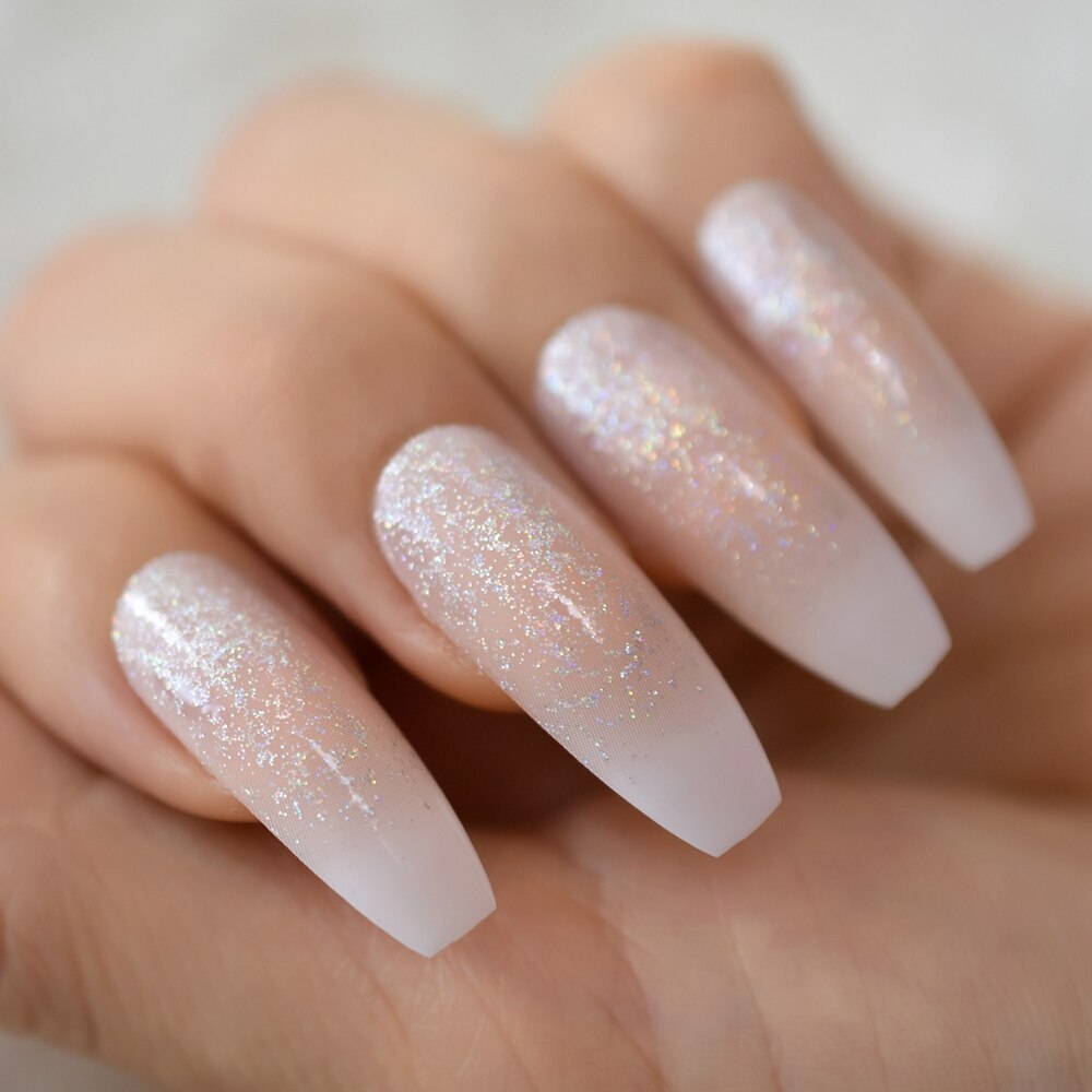 Holografisk faux ongles ombre nautal fransk nagel extra lång kista glitter abs gel fingernagel set 24 ct