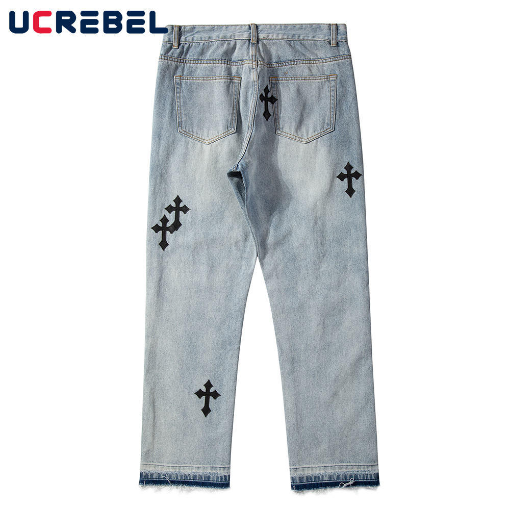 Cross Patch Borduren Ripped Gat Jeans Heren High Street Casual Denim Broek Verontruste Losse Rechte Pijpen Broek Mannen