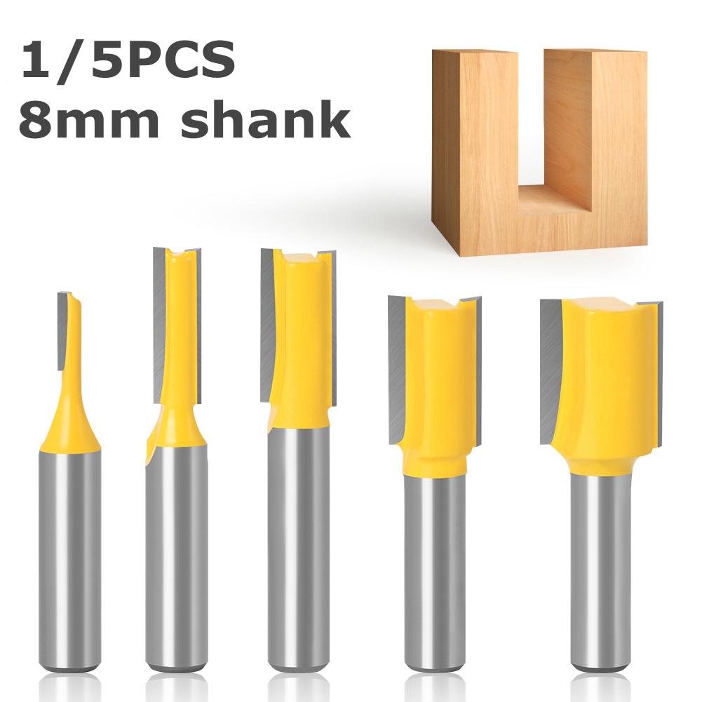 1/5pcs 8mm Shank Straight Woodworking Router Bit Set Woodworking Tools Carpenter Milling Cutter 3/6/10/12/16mm Cutting Diameter