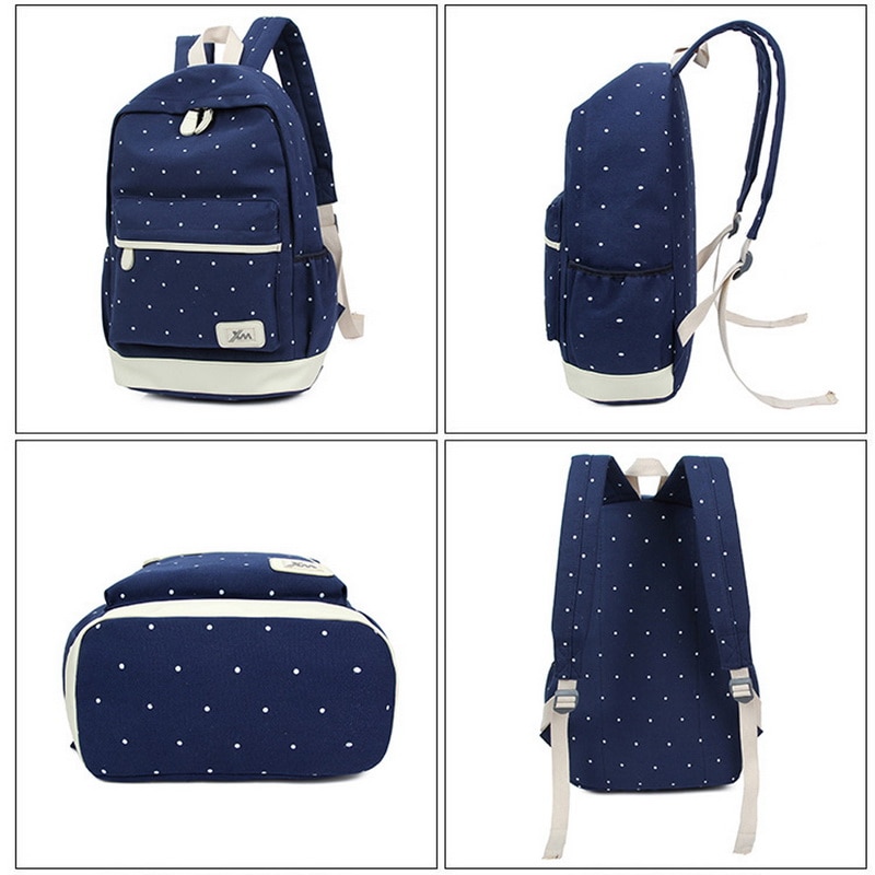 Litthing 3pcs/Set Dot Canvas Printing Backpack Women School Back Bags For Teenage Travel Backpacks Female Schoolbag Backpack