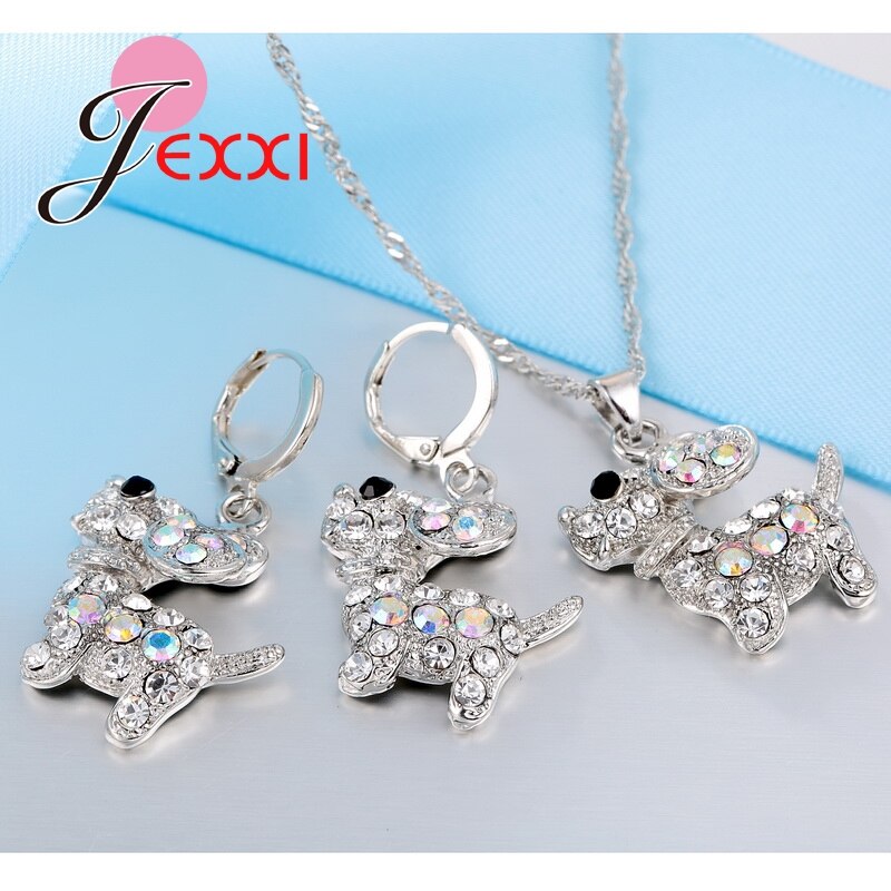 Ensemble de bijoux en argent Sterling 925, joli chien pour filles, boucles d&#39;oreilles, pendentif collier avec bijoux CZ entièrement brillants