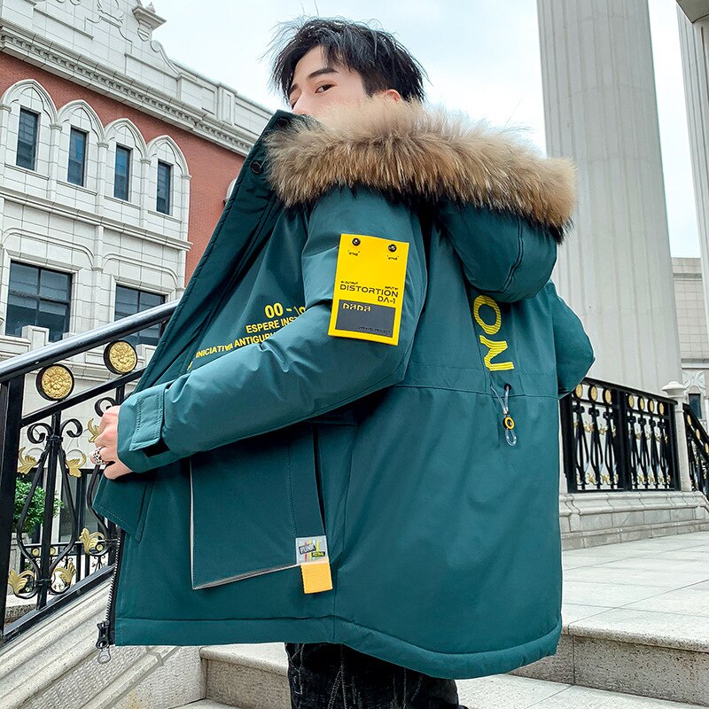 Vinterjacka herr vadderad parka man vinterkappa konstgjord päls stora fickor korta tjocka parkas snöjacka plus size: Grön / L