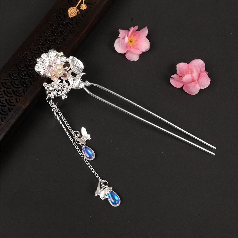 Acessórios de cabelo chineses, grampos de cabelo de metal hanfu, presilhas de cabelo com borla, grampo de balanço antigo, ornamentos para cabeça
