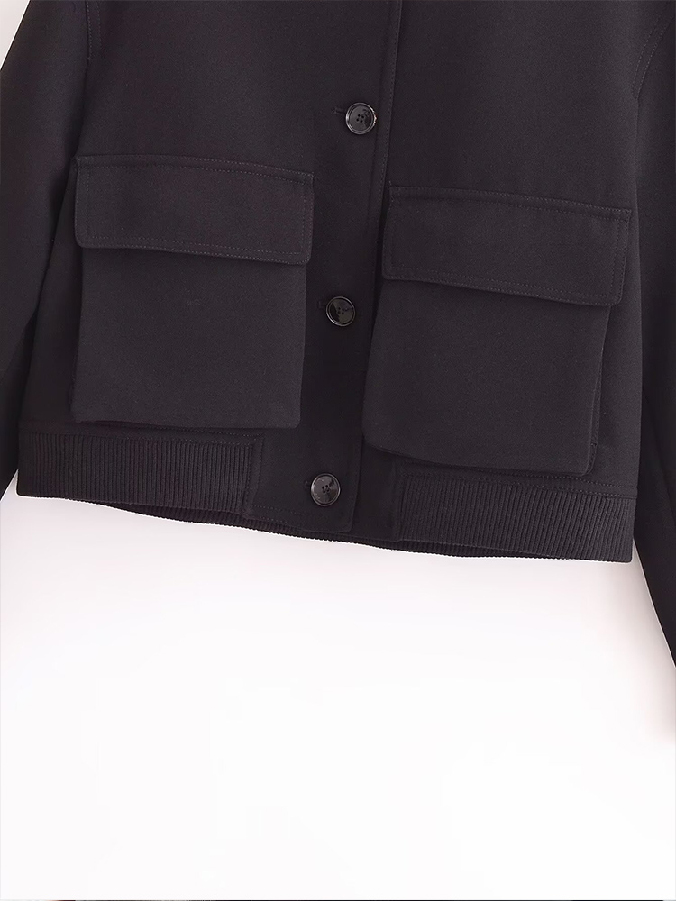 2024 autunno e inverno nuova moda donna semplice nero allentato girocollo tasca giacca corta cappotto
