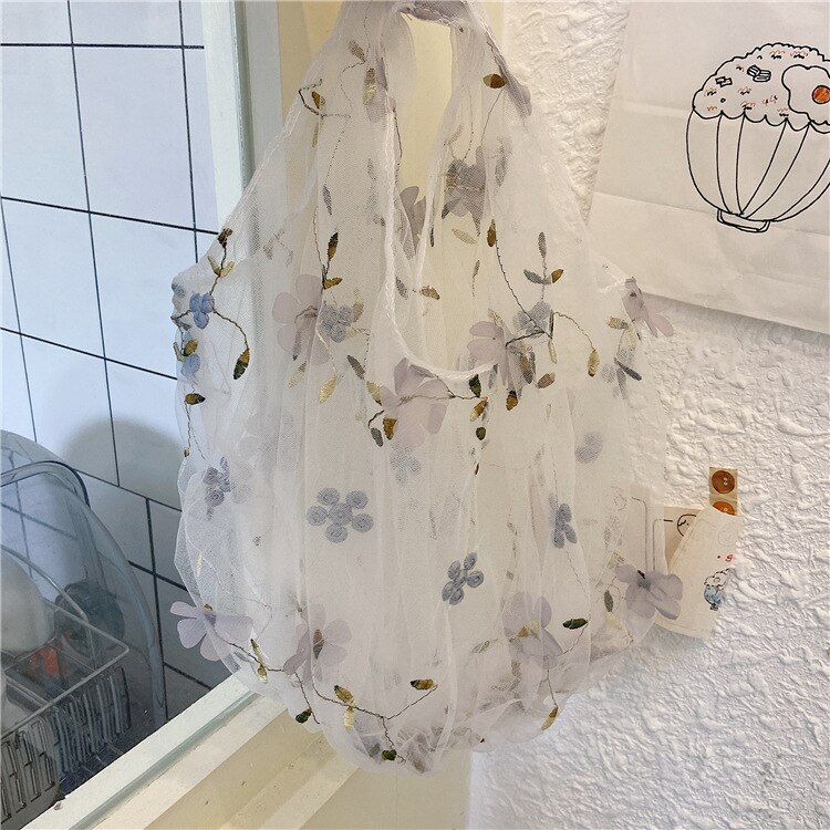 Women Embroidery Transparent Tote Mesh Storage Bag Daisy Organza Handbag Korea Girls Fruit Bag Purse: Grey B