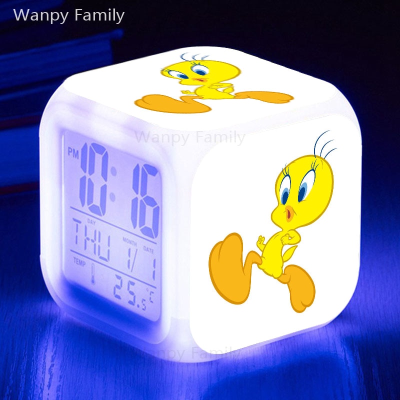 Very Lovely Tweety Alarm Clock 7 Color Glowing LED Multifunctio Digital Alarm Clock Big screen Touch Sensing Flash Watches Clock: Gray