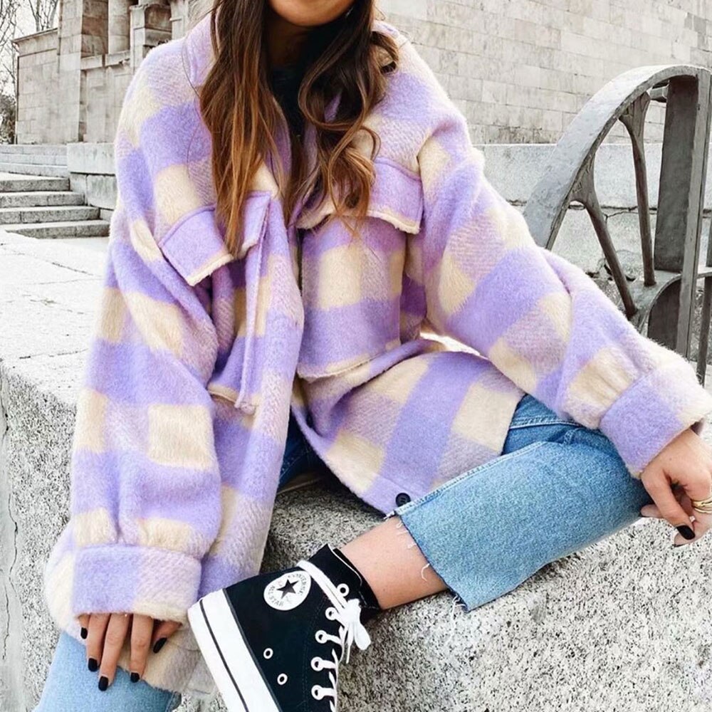 Chaqueta Jocoo Jolee a cuadros para mujer, camisa de lana , Abrigo largo con cuello vuelto, abrigo clásico, Tops Chic, Bolsillos de invierno