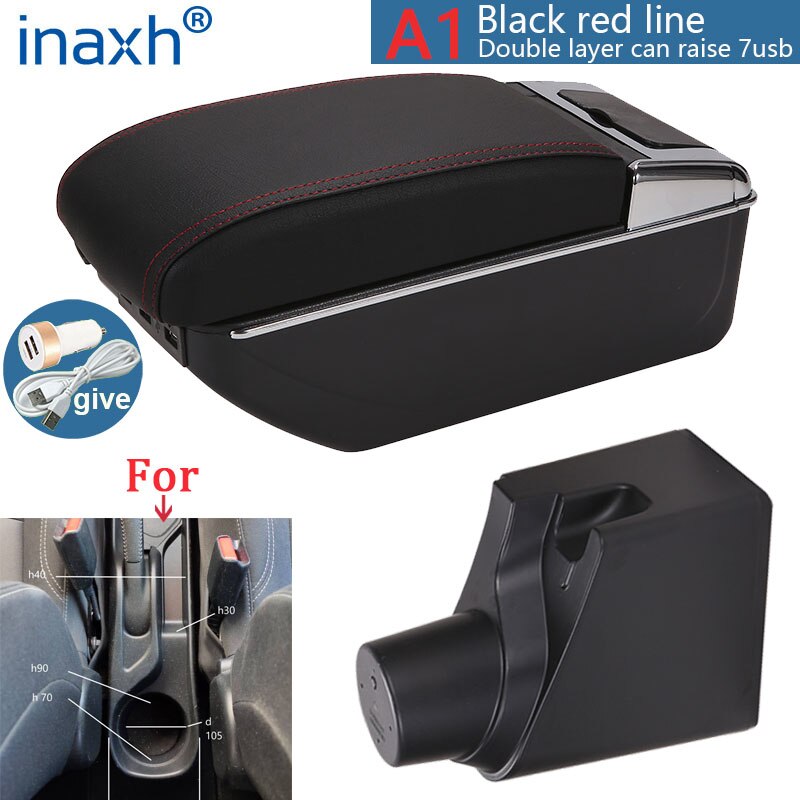 For Toyota Yaris Armrest For Toyota Yaris hybrid Car Armrest box Retrofit parts Interior Storage box USB LED: A1 Black red 7USB