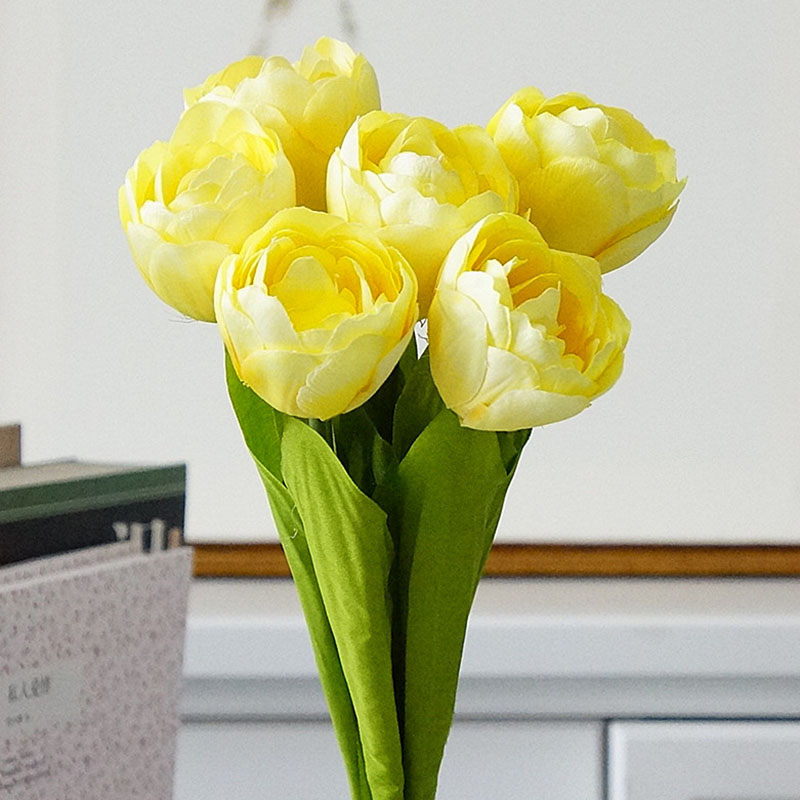 6 uds./ramo de flores de tulipanes artificiales franceses para de boda, decoración de jardín, tulipanes de seda con manos y flores falsas: Amarillo