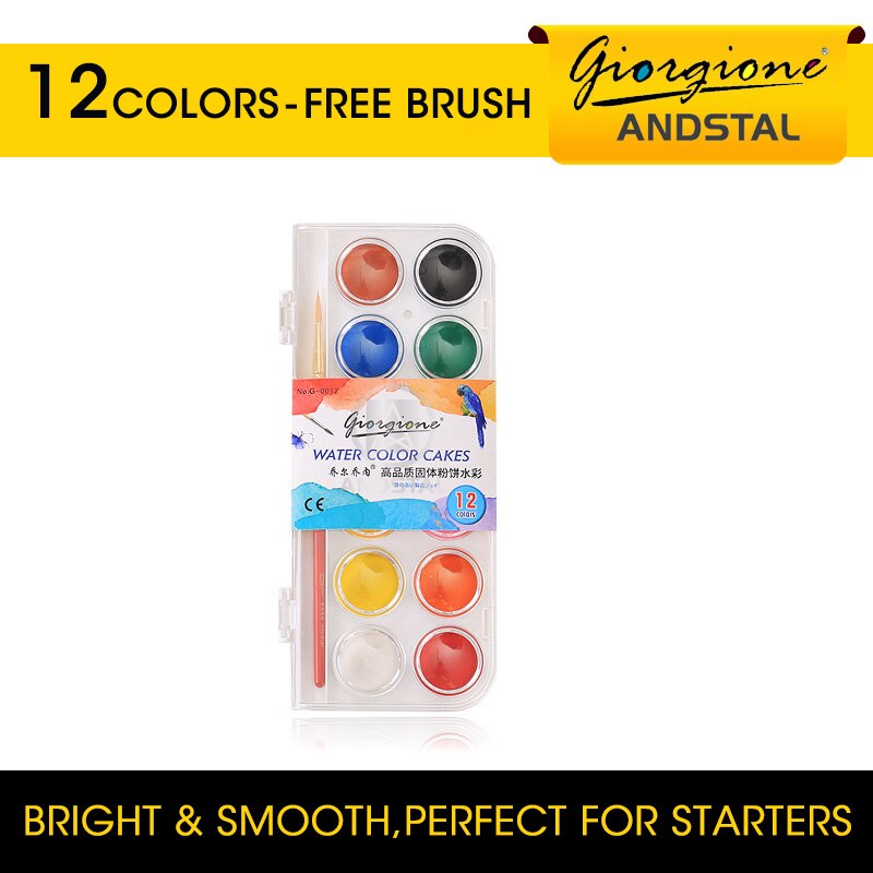 Andstal 48/36/24/12 Kleuren Solid Pigment Aquarel Verf Set Met Water Kleur Draagbare Borstel Voor Schilderen Art levert: 12 Colors with brush