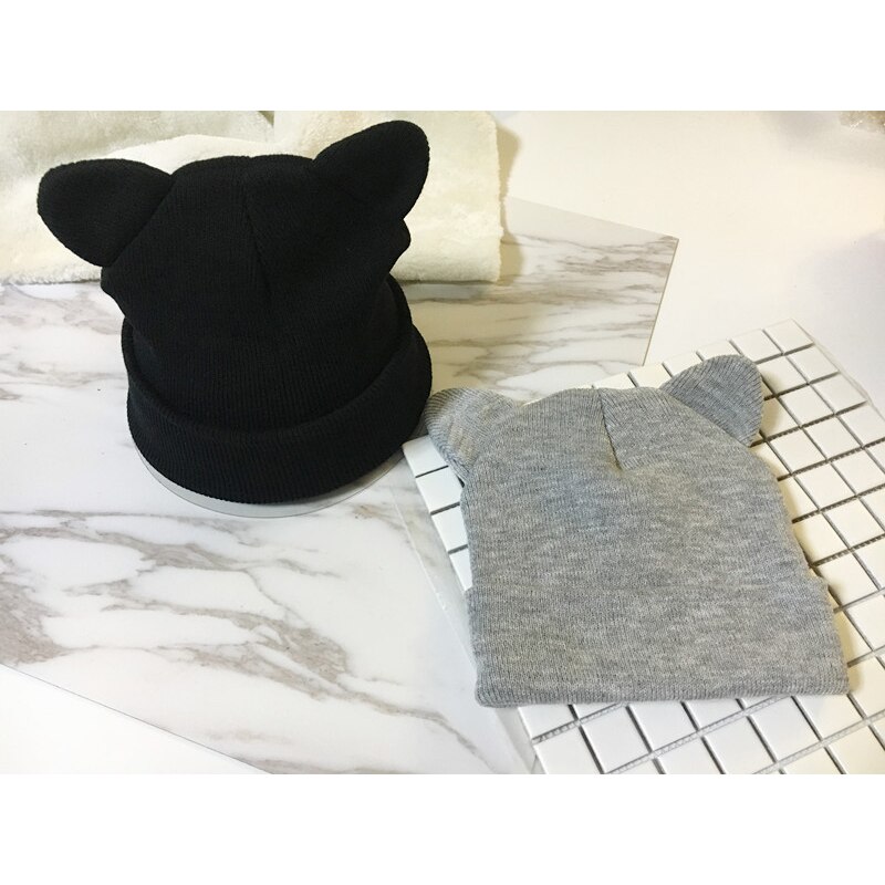 Høst vinterstrikkede luer skullies for kvinner utendørs slouchy panser casual cat ear hat caps