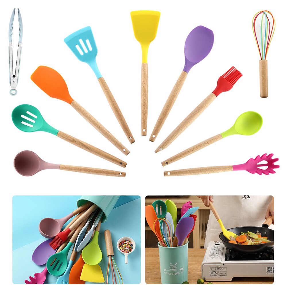 12pcs Kitchen Silicone Cooking Utensils Set High Temperature Resistance Non-stick Spatula Shovel Wooden Handle with Storage Box