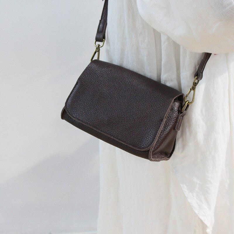 small bag small square bag versatile flip single shoulder slant across the top layer of leather retro women's bag: Brown.