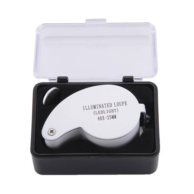 Mini lupa de 40x de gran potencia para joyería, lupa para ojo, tienda de joyas, lupa plegable para joyería con luces LED plateadas