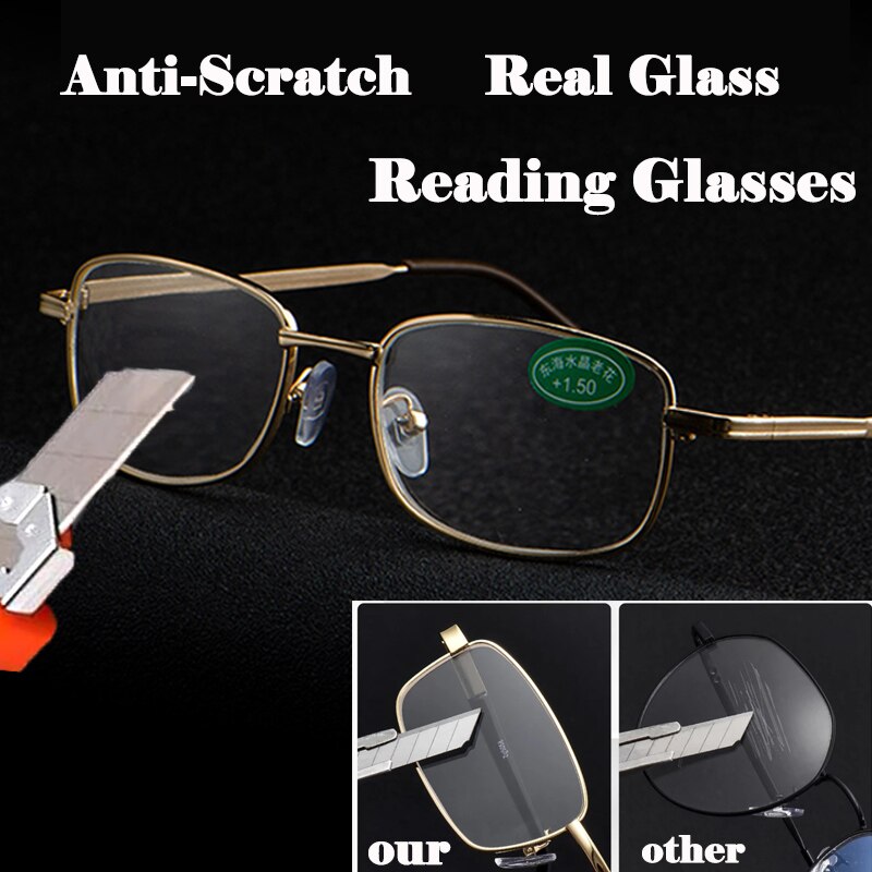 Real Glass Unbreakable Reading Glasses with Case Alloy Anti-Scratch Presbyopic Glasses Unisex Portable Square Rim