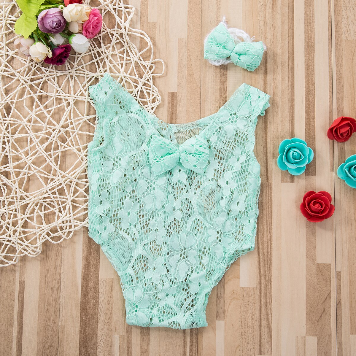 Appena nato Del Bambino Dei Ragazzi Delle Ragazze Del Crochet Del Knit Del Cappello Pagliaccetto Foto Fotografia Props Outfit: Green