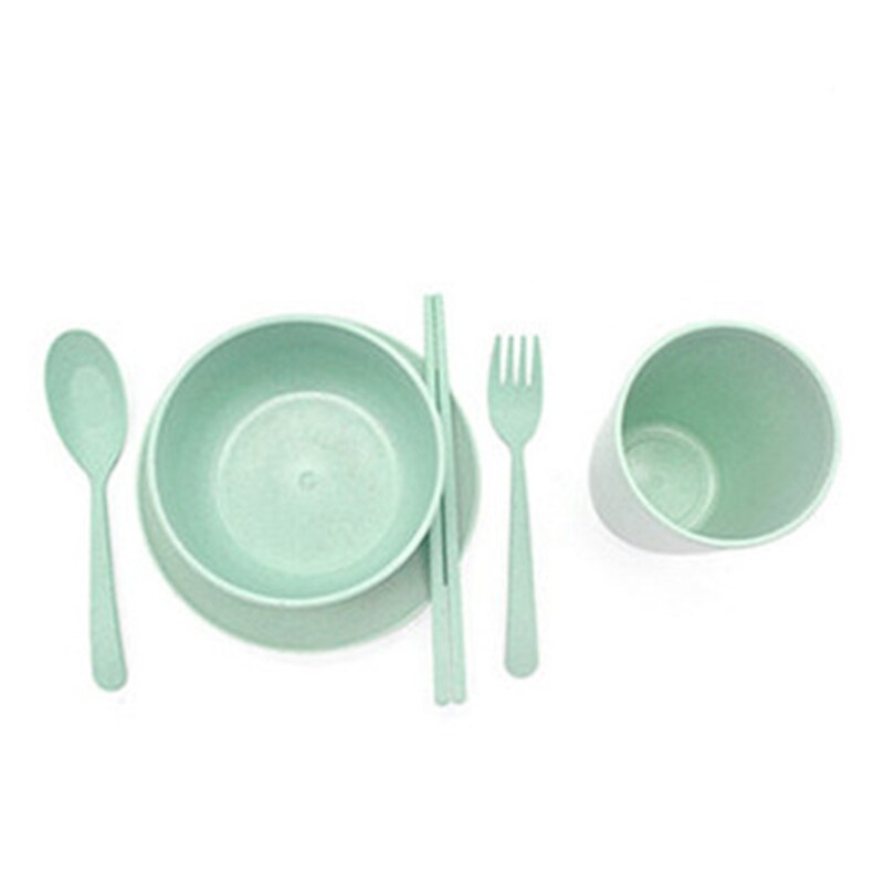 6Pcs/set Baby Feeding Dishes Wheat Straw Eco-friendly Dinnerware With Bowl Cup Plate Kids Spoon Fork Chopstick Tableware MBG0553: Green