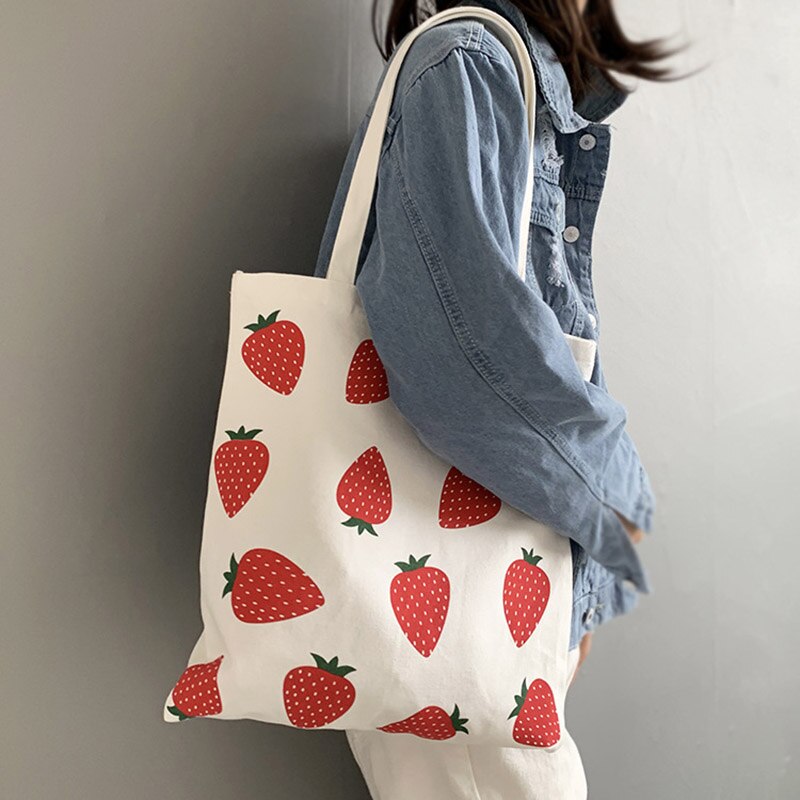 Kvinder studerende skuldertaske jordbær print lærred lynlås til mobiltelefon rejser: Default Title