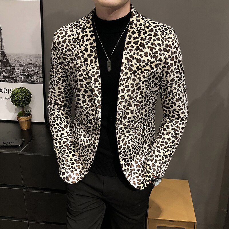 Boutique Leopard Print Mens Casual Blazer Wedding Dress Male Slim Suit Jacket Wedding Dress: Khaki / Asia 3XL(73-80kg)